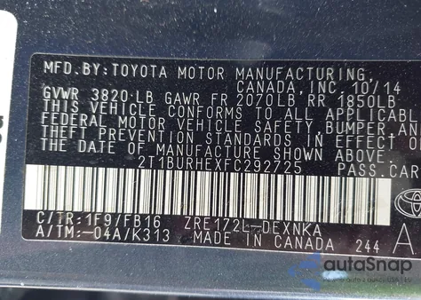 2015 Toyota Corolla L/Le/Le Pls/Prm/S/S Pls z USA, uszkodzony, nr VIN 2T1BURHEXFT292725